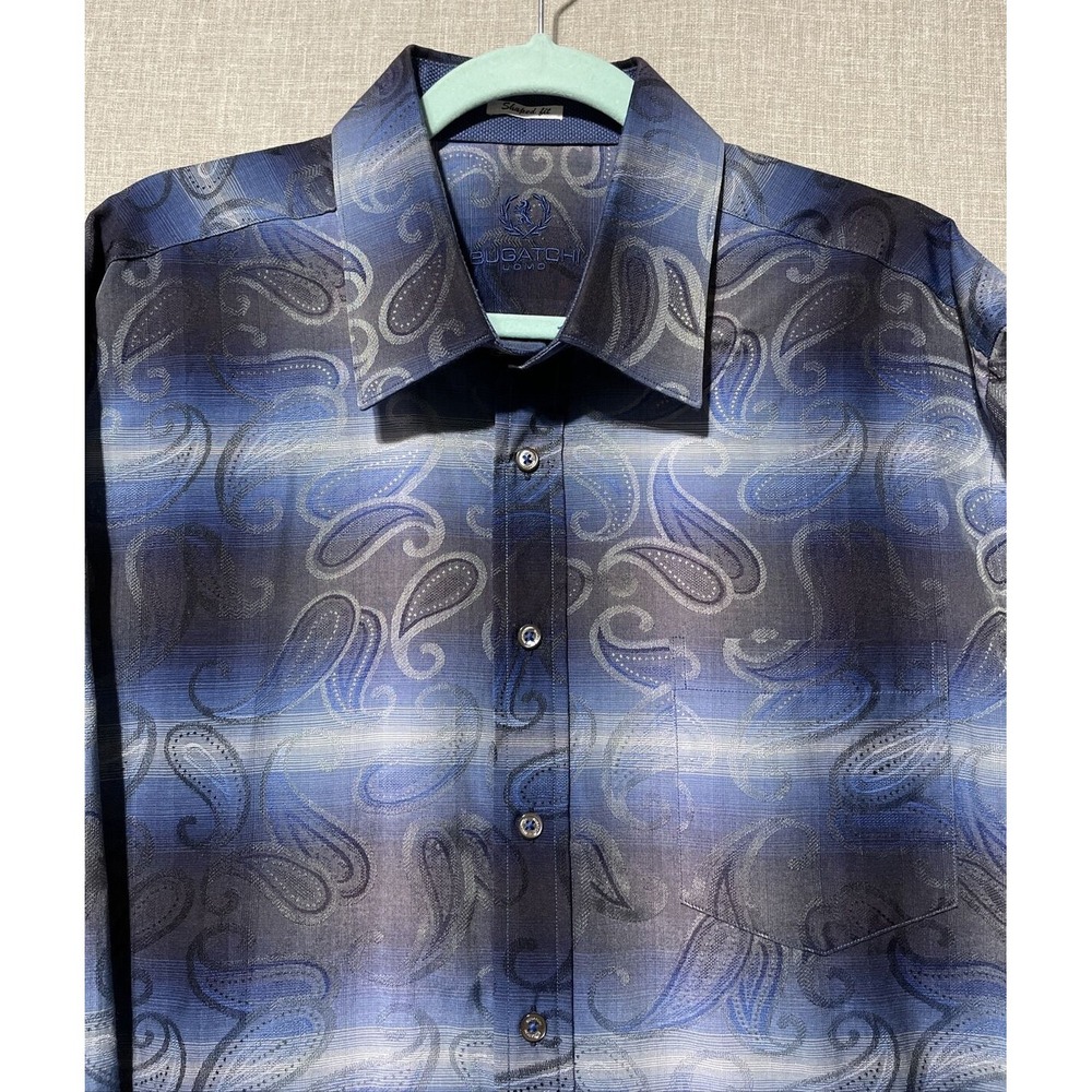 Bugatchi Uomo Shirt Mens XL Blue Paisley Ombre Shaped Fit Flip Cuff Modern